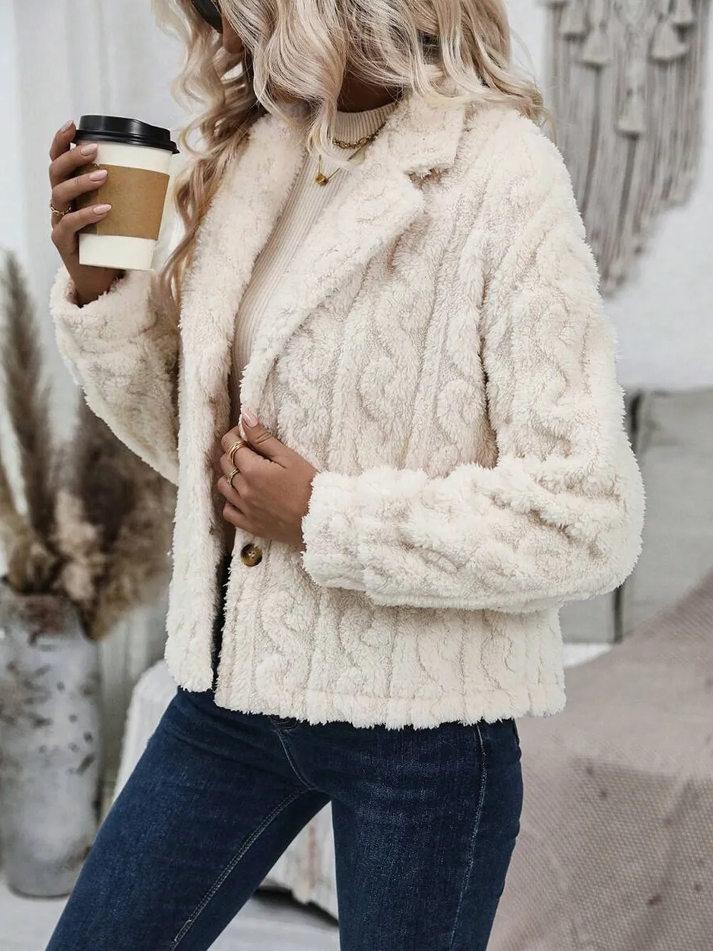 Fuzzy Button Up Collared Neck Jacket, image 5