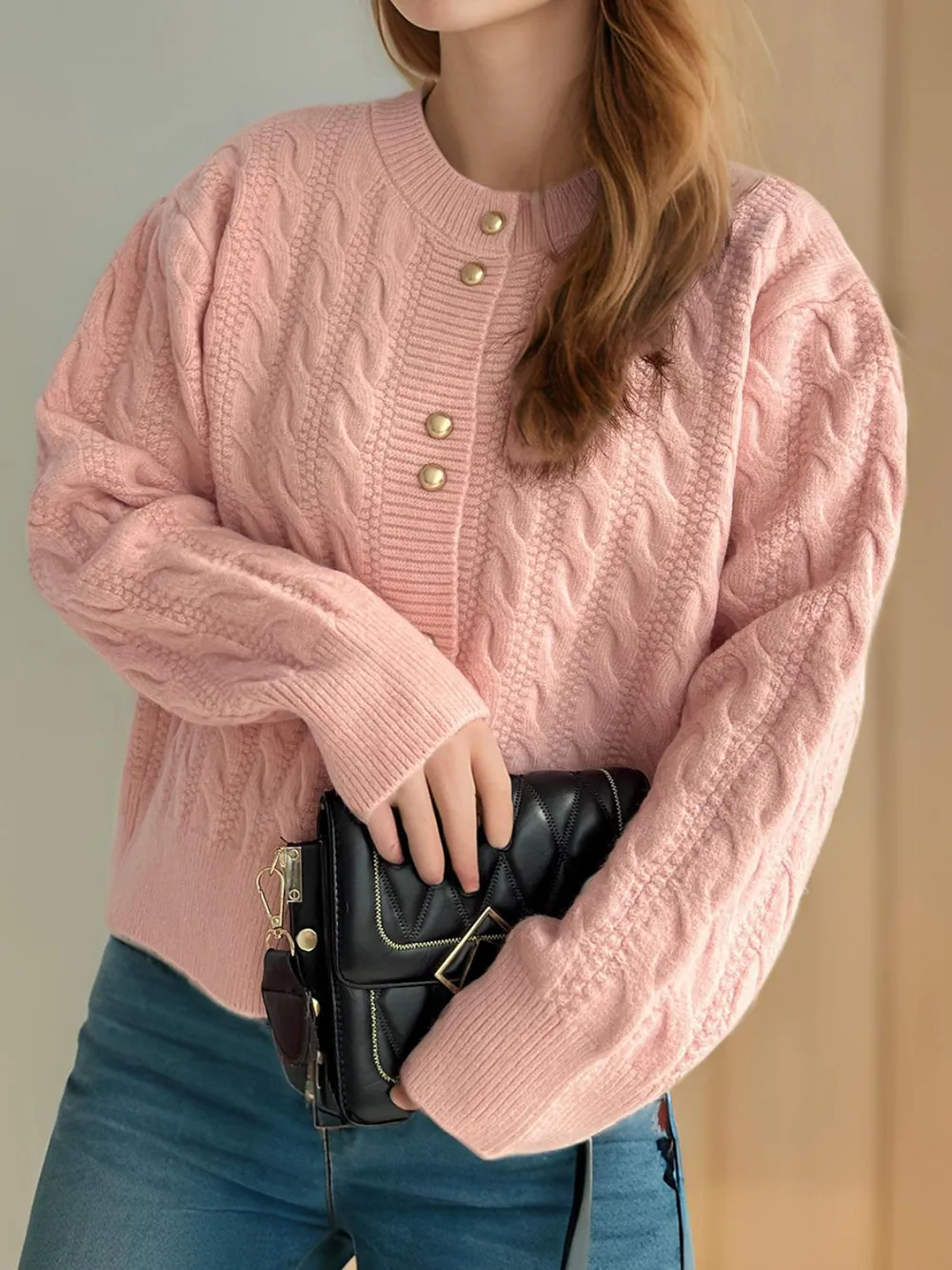 Cable-Knit Round Neck Long Sleeve Cardigan, image 11