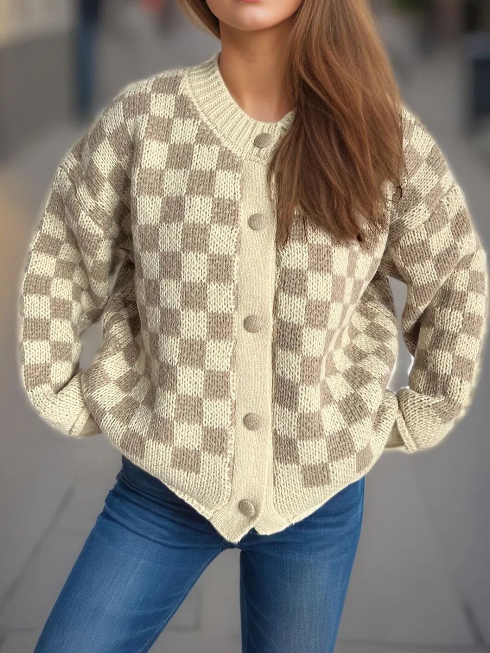 Checkered Button Up Round Neck Cardigan, image 7