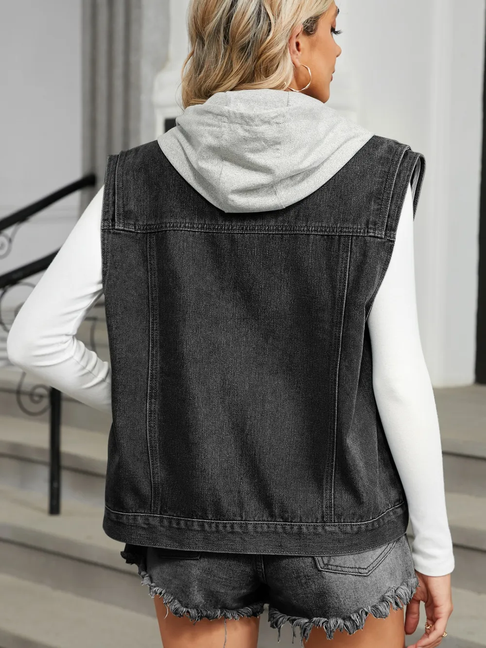 Pocketed Button Up Sleeveless Denim Jacket, image 5