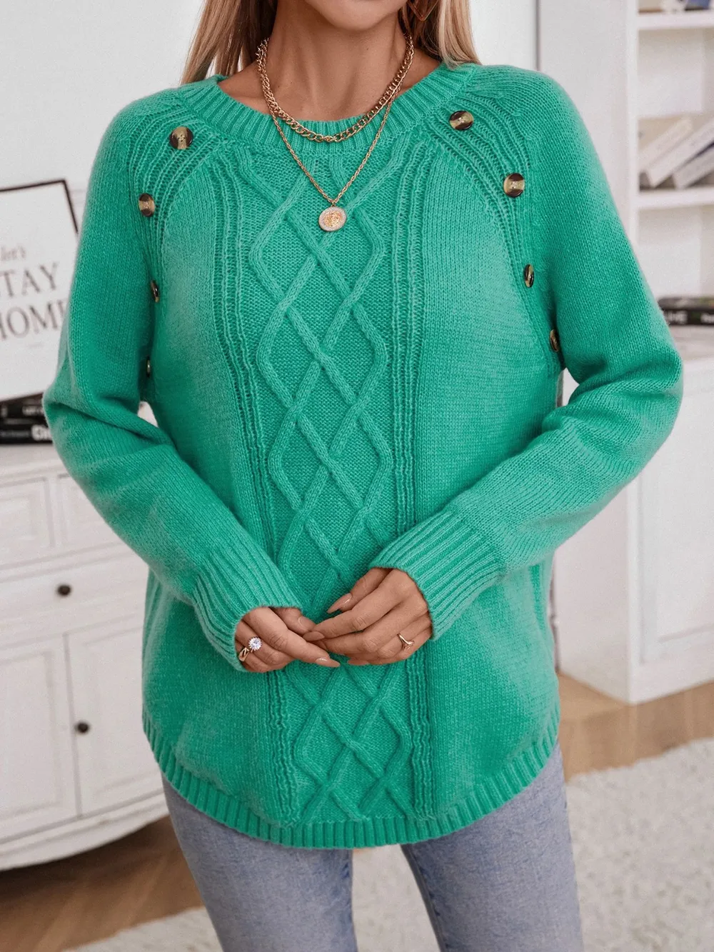 Decorative Button Round Neck Raglan Sleeve Sweater, image 2