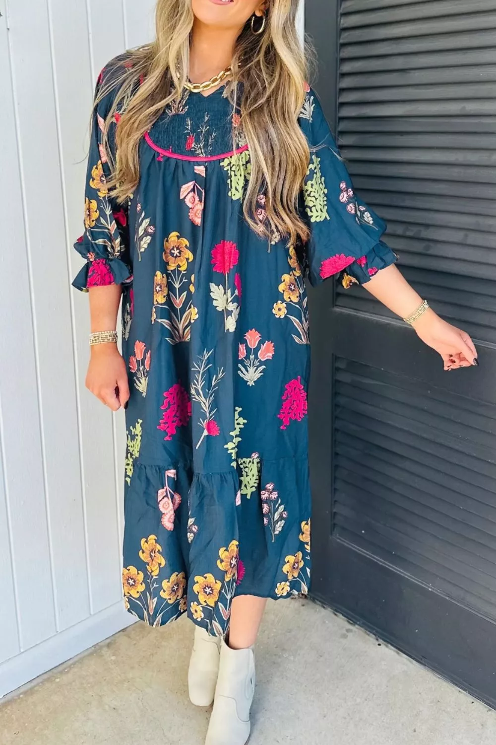 Floral Print Gathered Neckline 7/8 Sleeve Casual Midi Dress, image 3