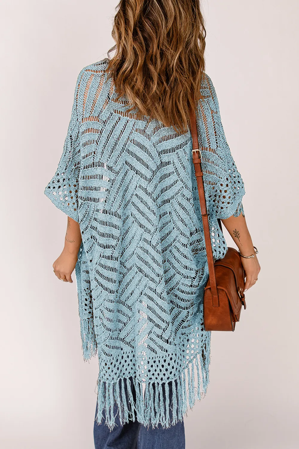 Openwork Open Front Cardigan with Fringes, image 21