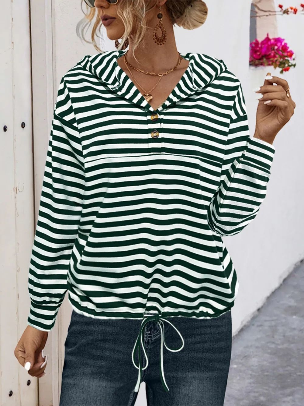 Drawstring Striped Long Sleeve Hoodie, image 7