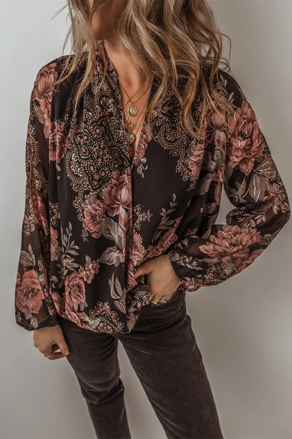 Printed Surplice Long Sleeve Blouse, image 7