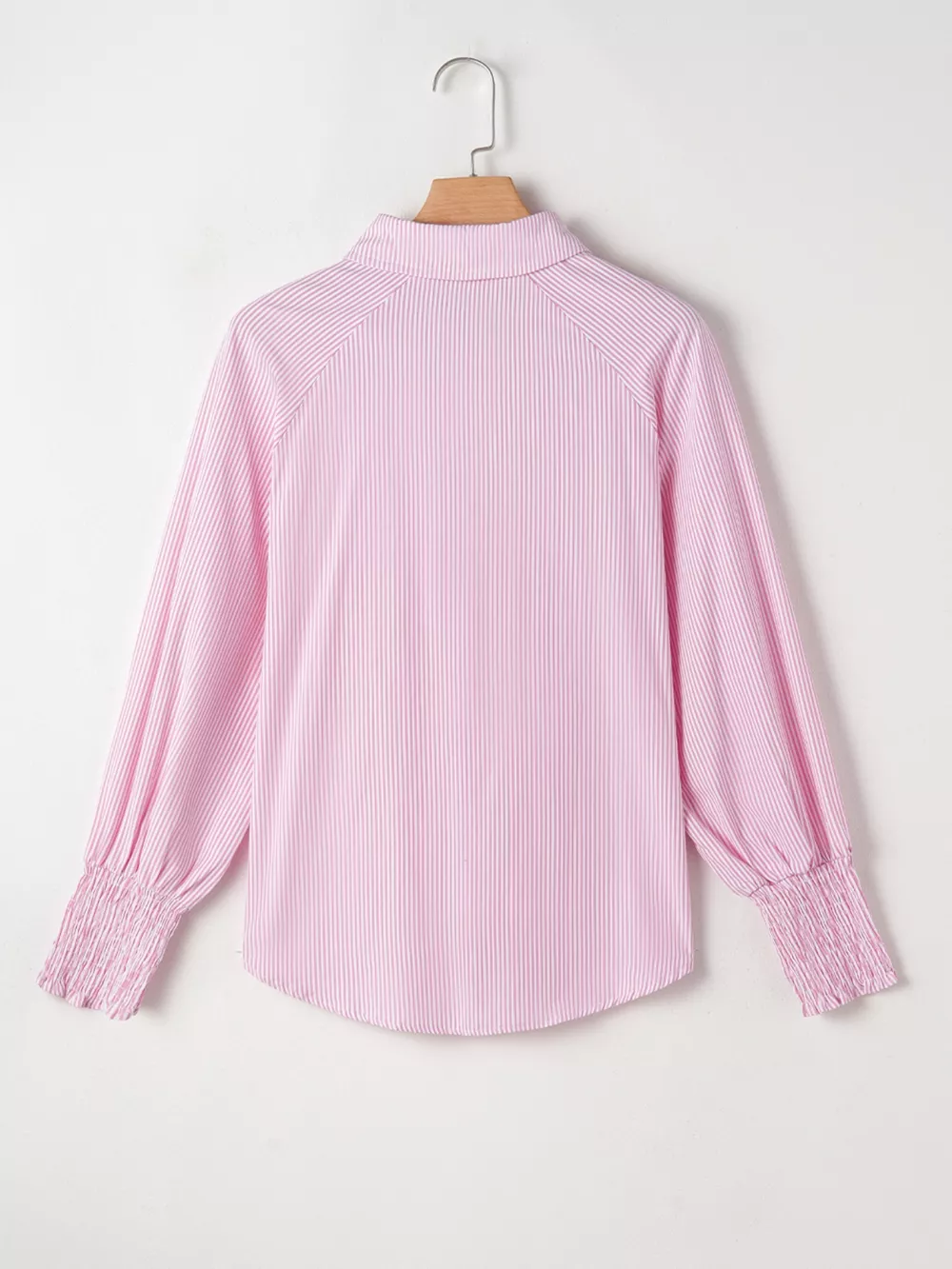 Pinstripe Long Sleeve Smocked Cuffs Button Shirt Collar Blouse, image 7