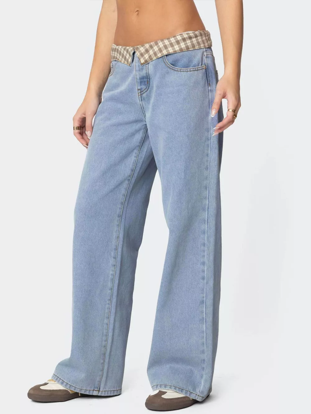 Plaid Trim Wide Leg Jeans, image 3