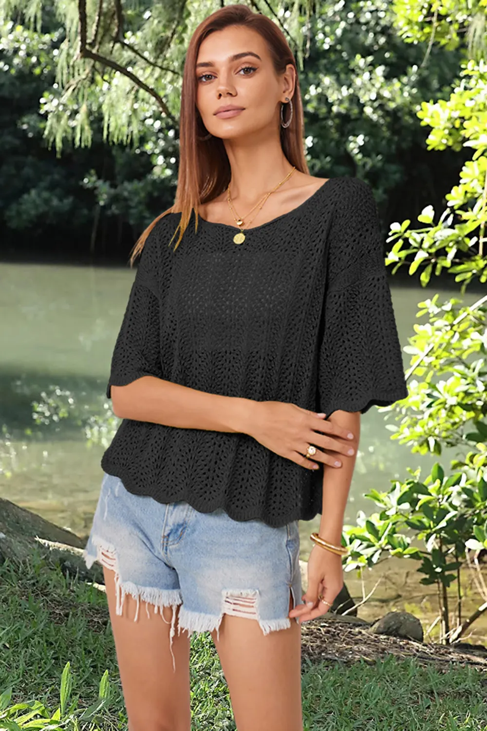 Openwork Round Neck Half Sleeve Knit Top, image 7