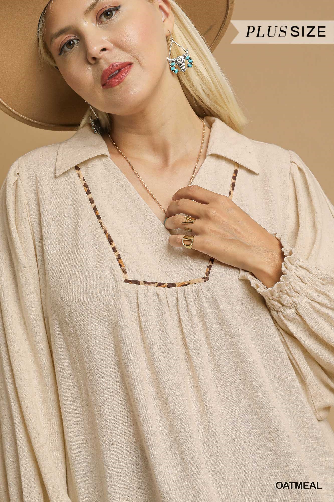 Full Size Linen Scallop Hem Blouse with Contrast Trim Plus Size, image 10