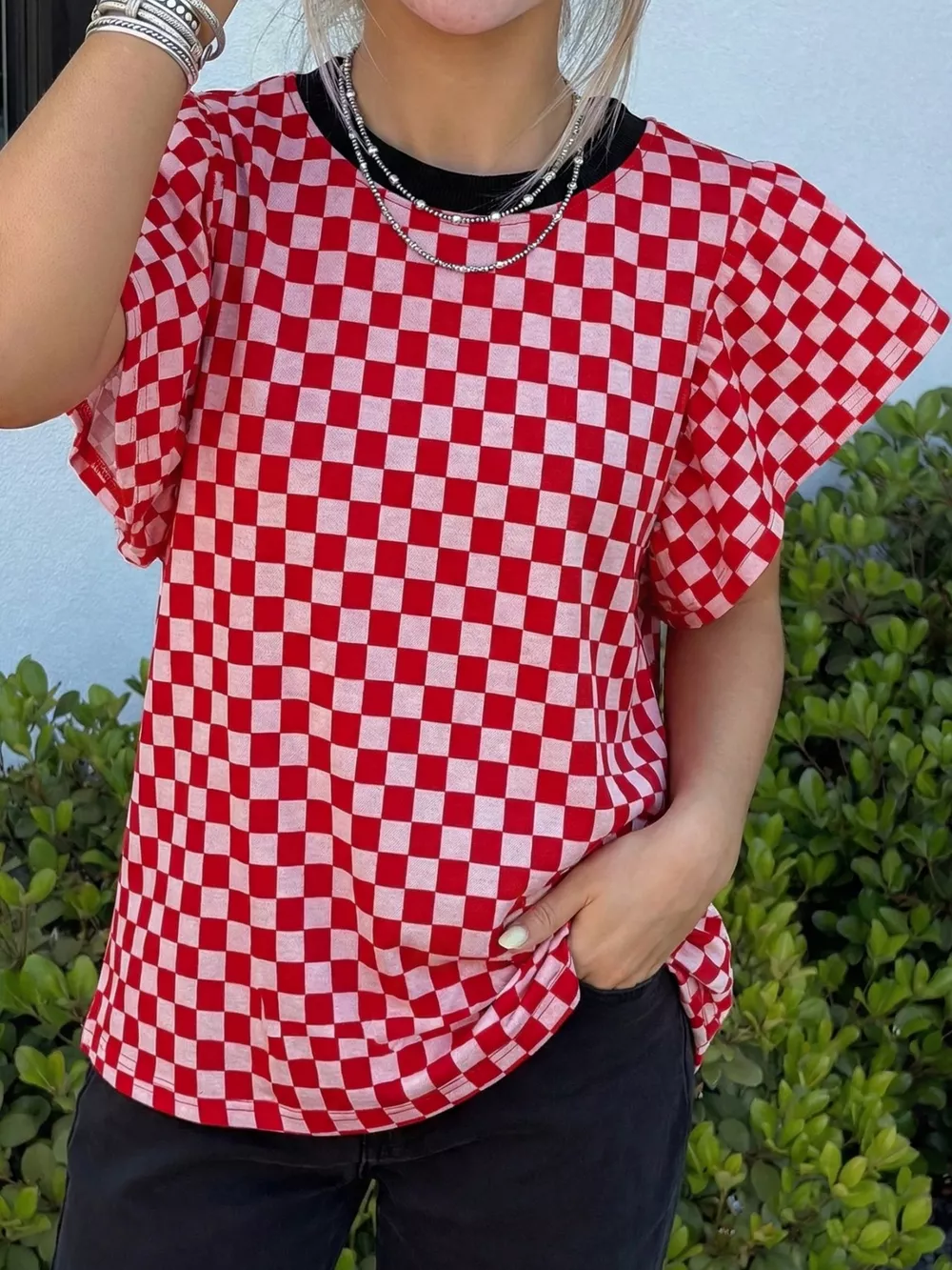 Checkered Print Ruffle Cap Sleeve Contrast Trim Round Neck Top, image 3