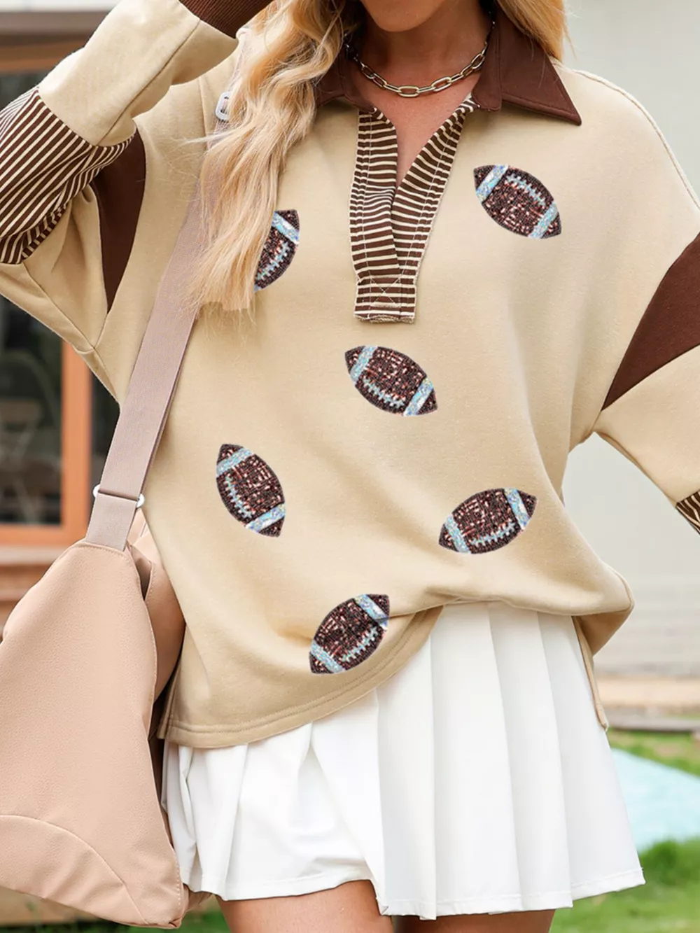 Color Block Striped Patchwork Sequin Rugby Graphic Polo Sweatshirt, image 5