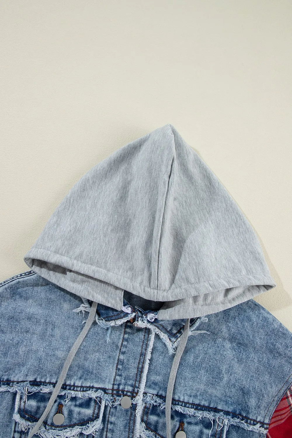 Raw Hem Drawstring Plaid Denim Jacket, image 6