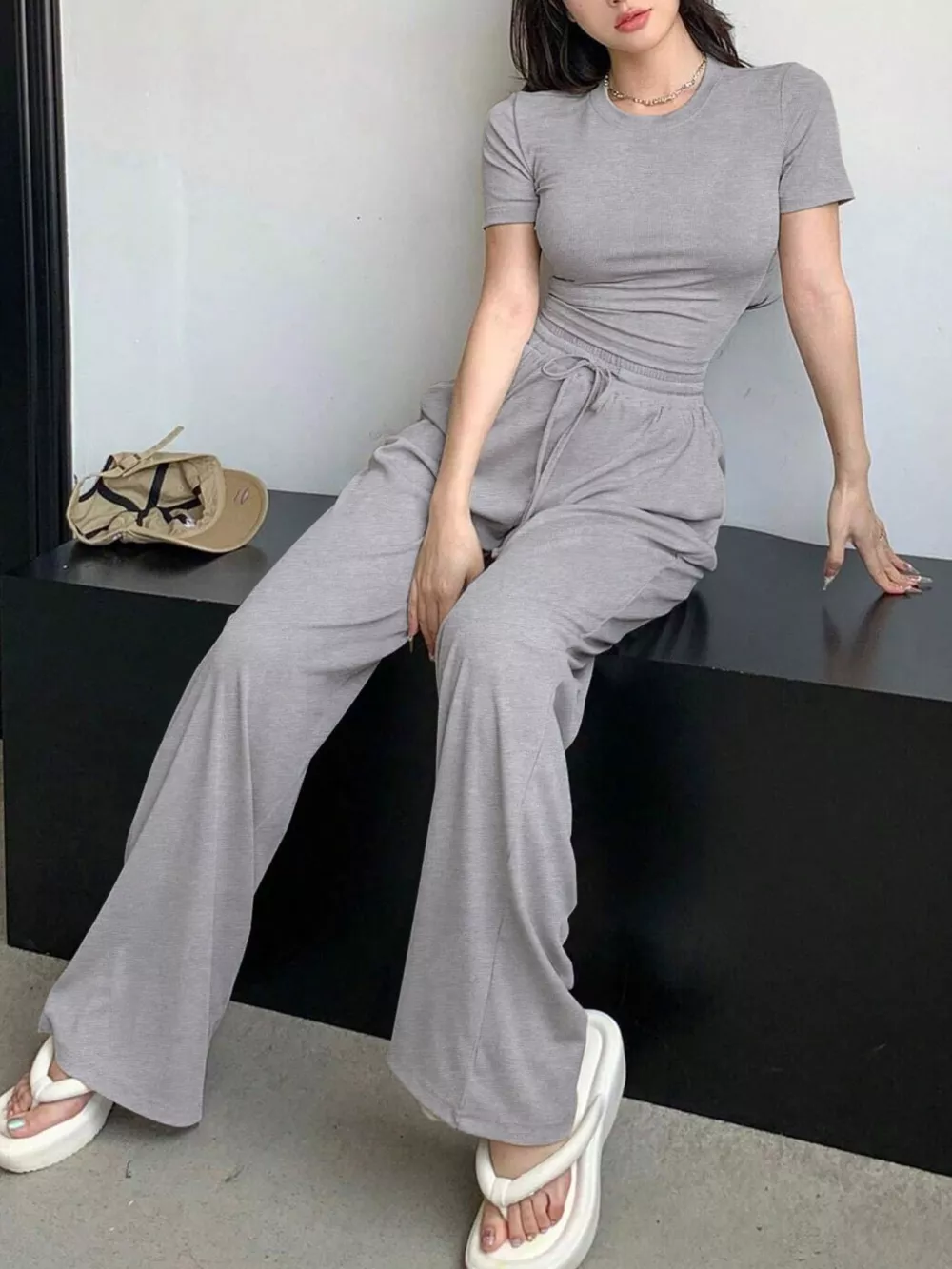 Solid Color Short Sleeve Crop Top and Wide Leg Pants Set, image 10