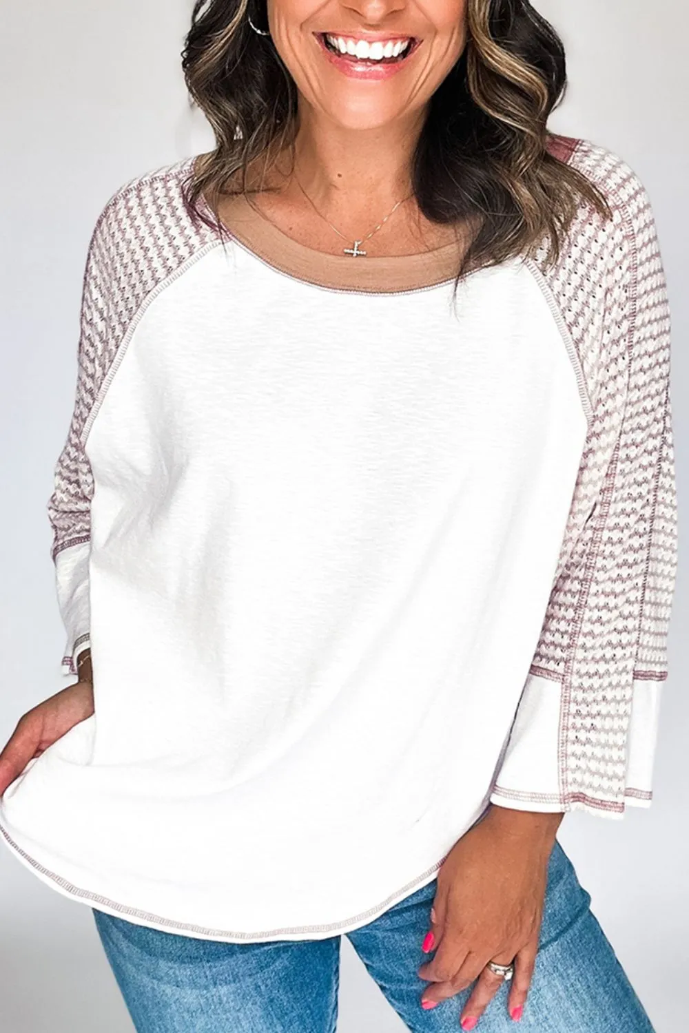 Striped Round Neck Raglan Sleeve Top, image 8