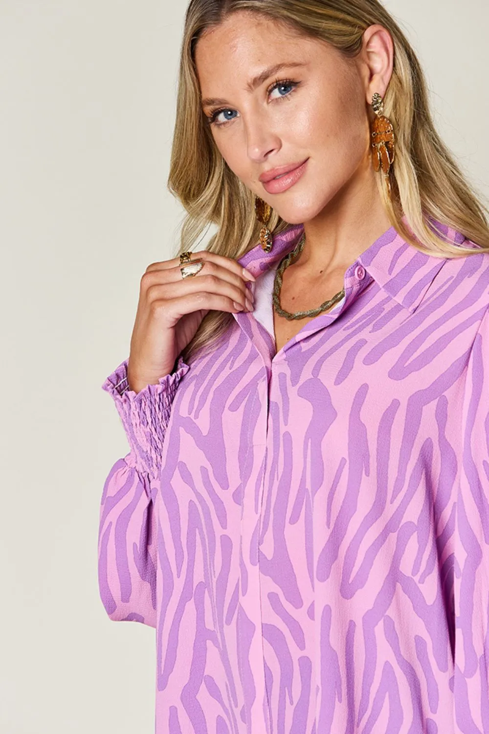 Full Size Printed Smocked Long Sleeve Blouse Plus Size, image 6