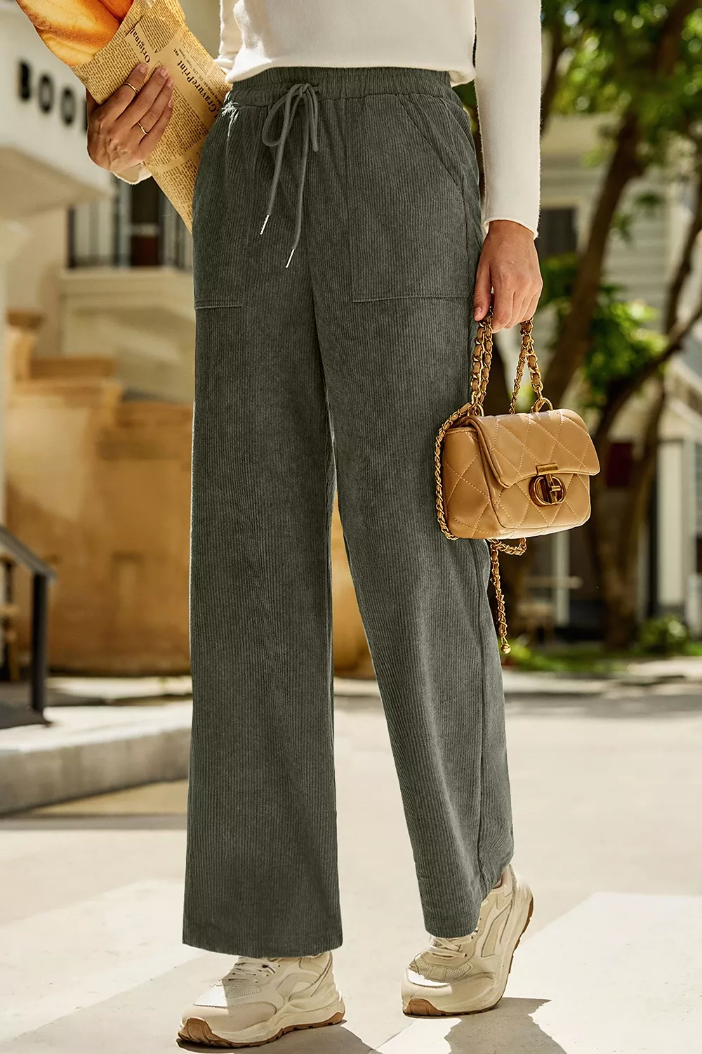 Drawstring Corduroy Wide Leg Pants, image 3