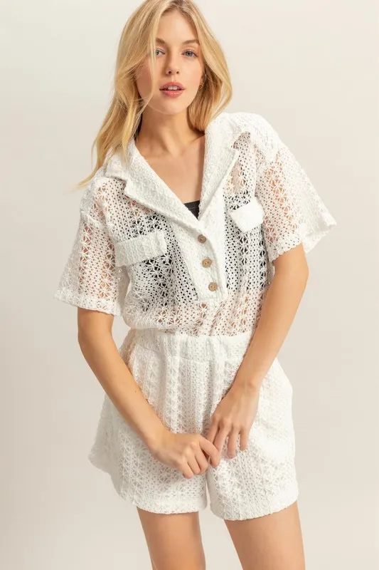 Crochet Button Front Short Sleeve Romper
