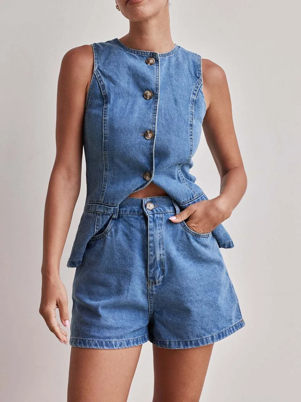Button Down Vest and Shorts Denim Set, image 9