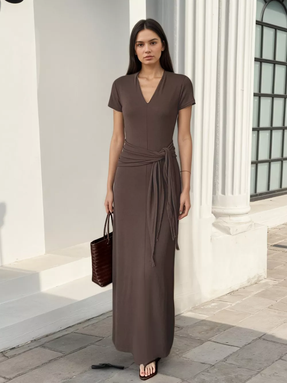 V-Neck Short Sleeve Maxi Dress with Waist-Tie Detail, image 4
