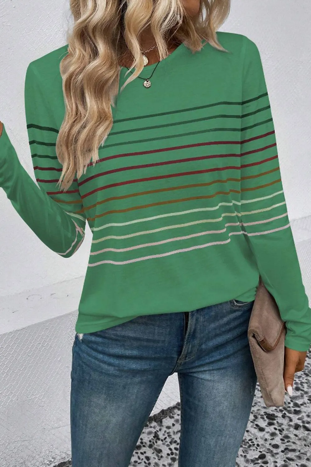 Striped Round Neck Long Sleeve T-Shirt, image 8