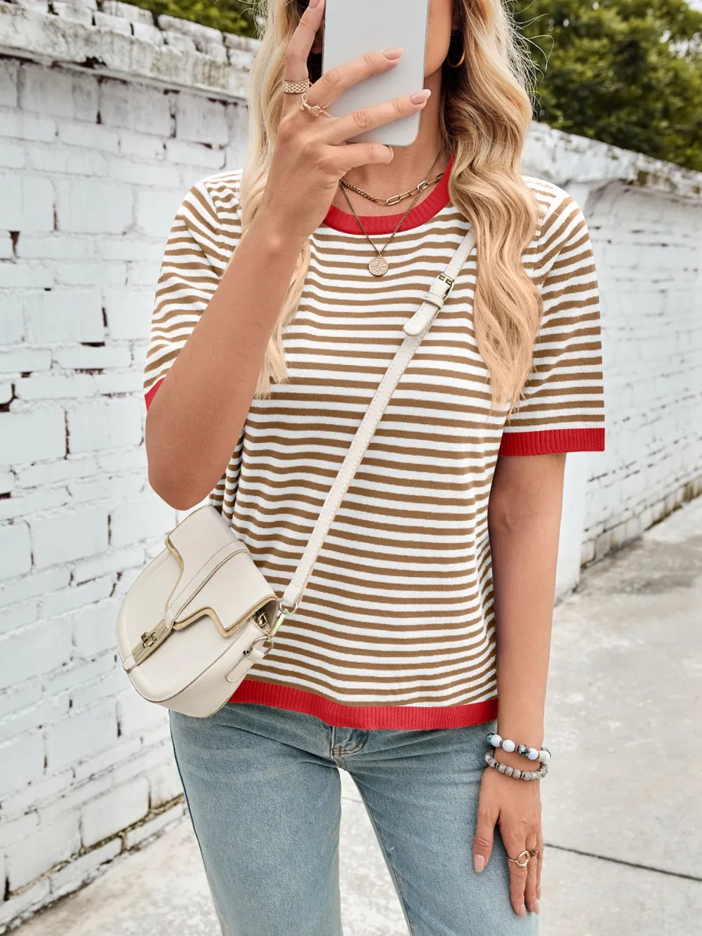 Striped Contrast Round Neck Half Sleeve Knit Top, image 25