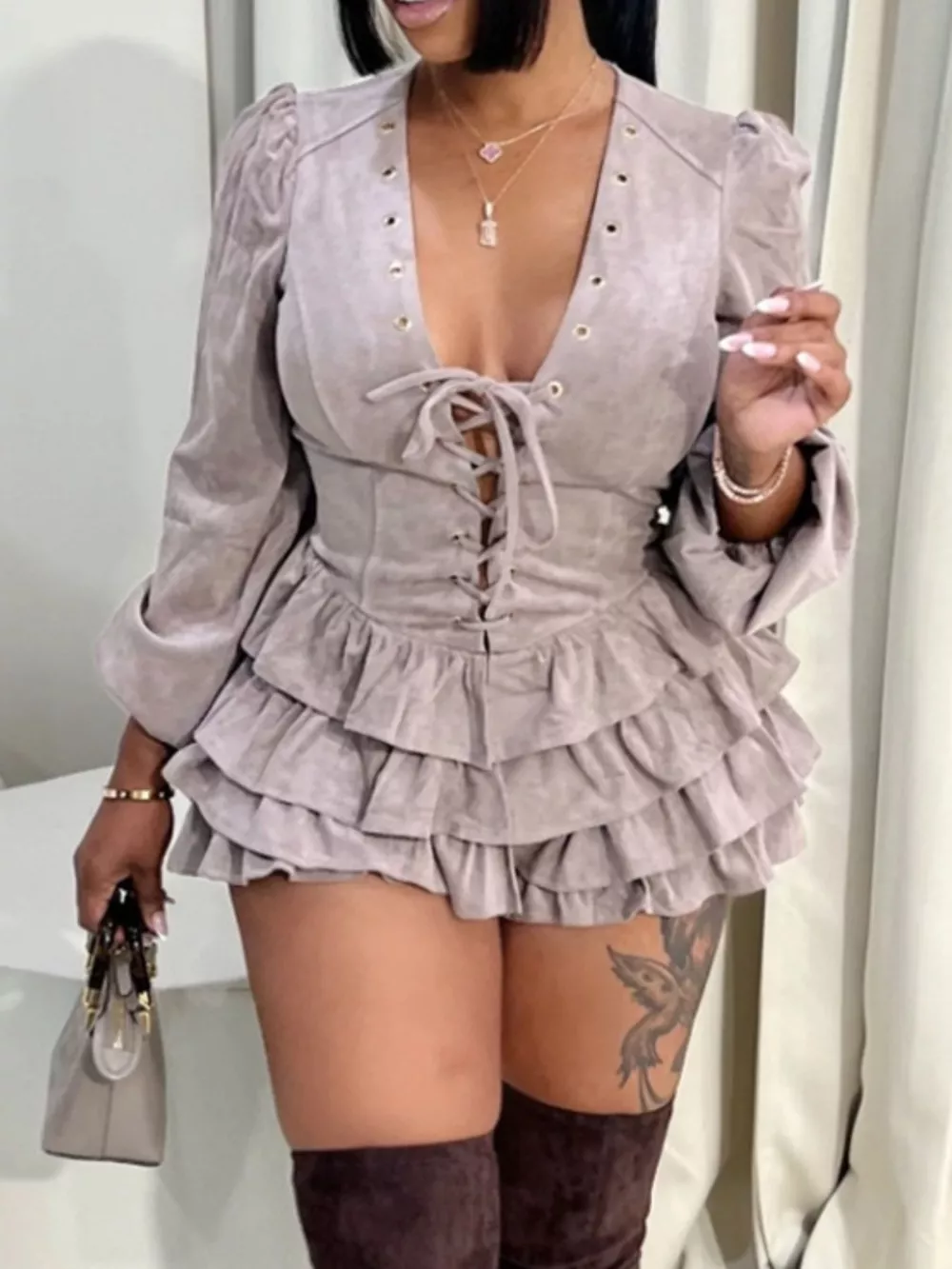 Lace-Up Ruffle Hem Long Sleeve Mini Dress, image 4