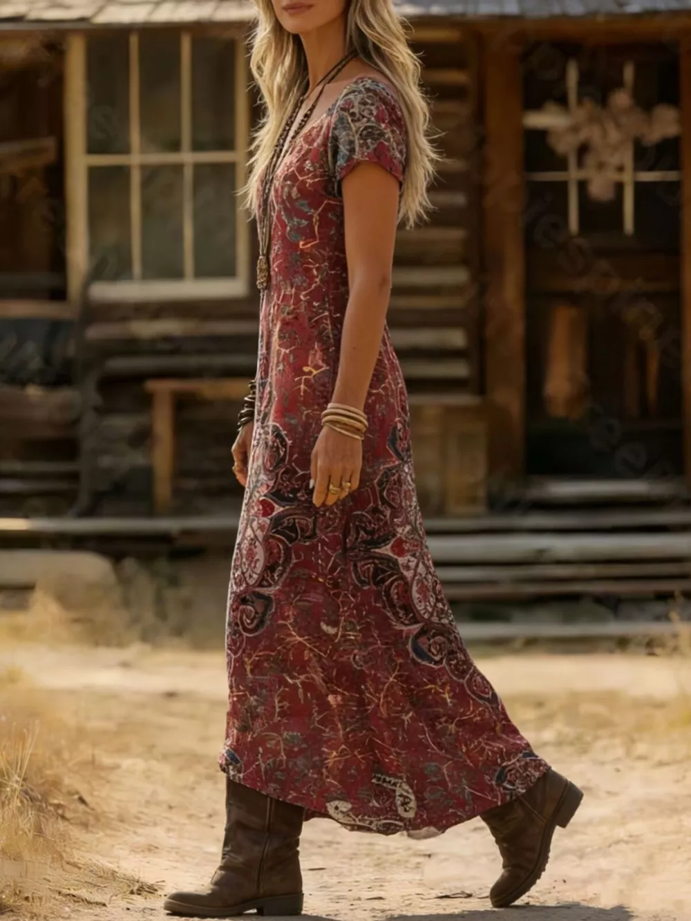 Printed V-Neck Short Sleeve Midi Dress, image 3