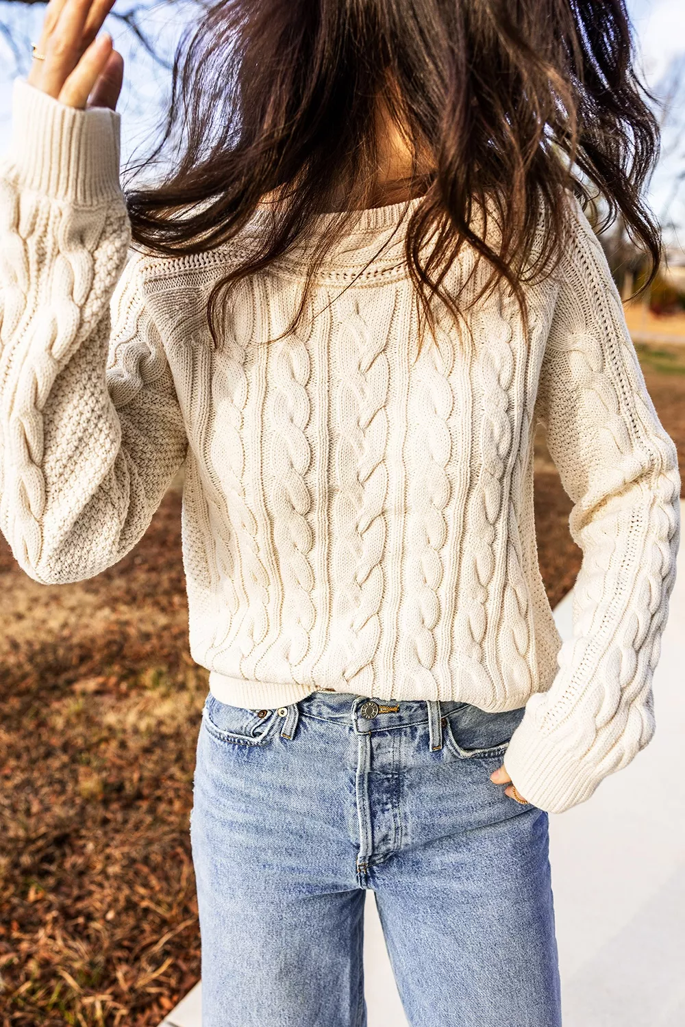 Drop Shoulder Round Neck Cable Knit Sweater, image 8