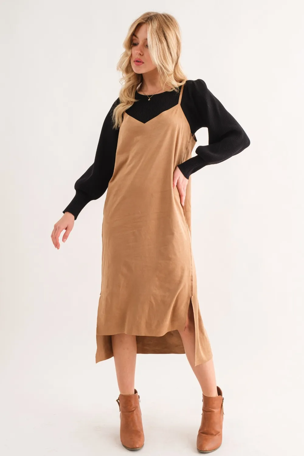 Faux Suede Cut Edge Slit Cami Midi Dress, image 5