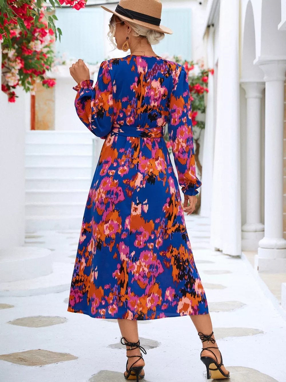 Printed Surplice Long Sleeve Midi Dress, image 9