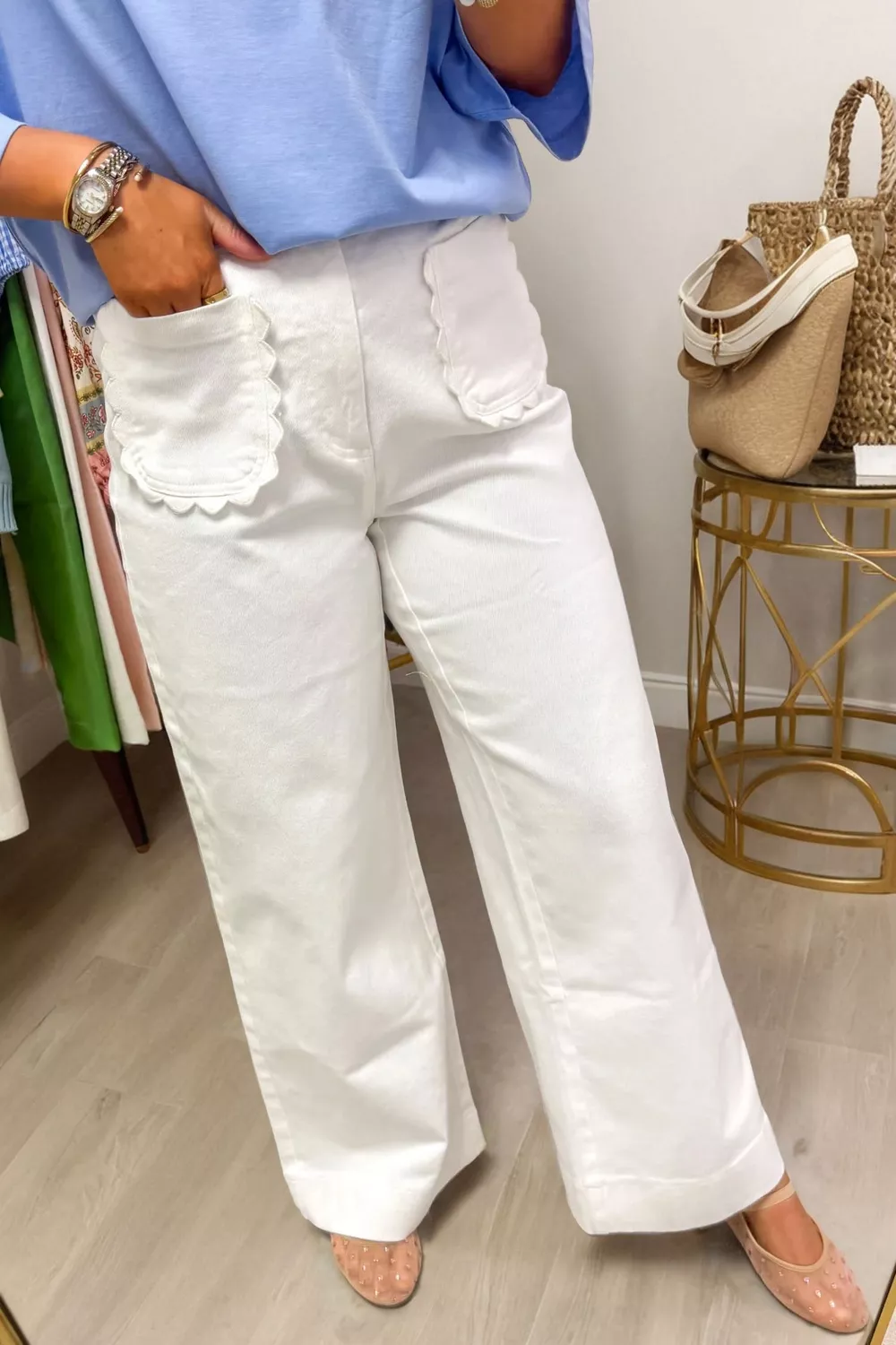 Solid Color Scalloped Patch Pocket Shift Jeans, image 2
