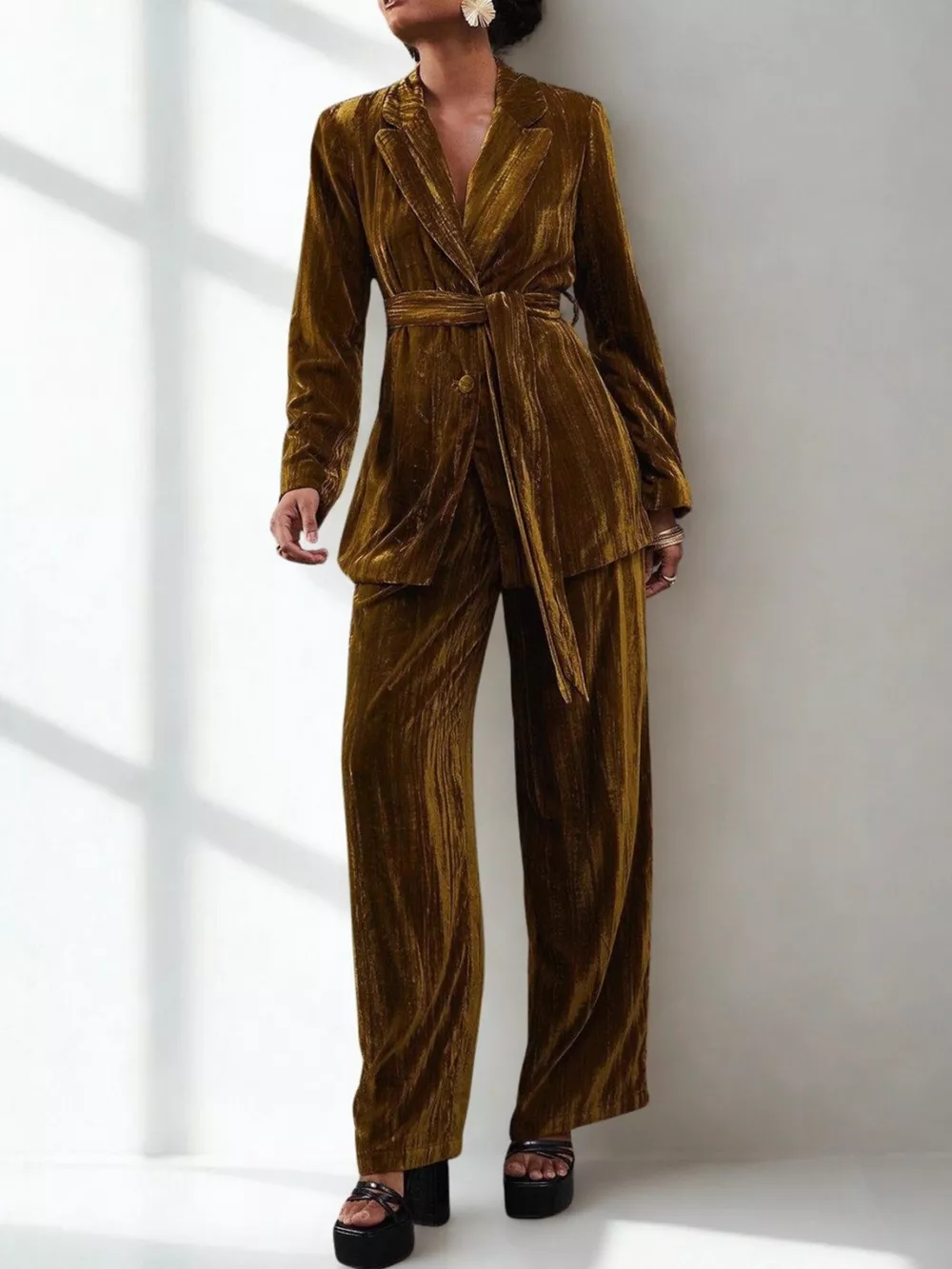Velvet Lapel Collar Blazer & Pants Set, image 9