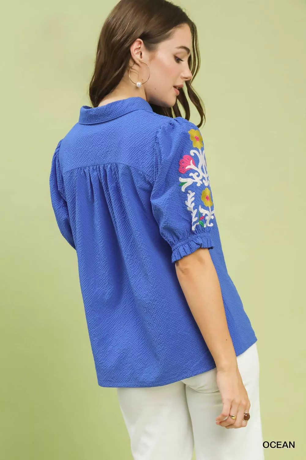 Seersucker Embroidered Sleeve Blouse, image 4