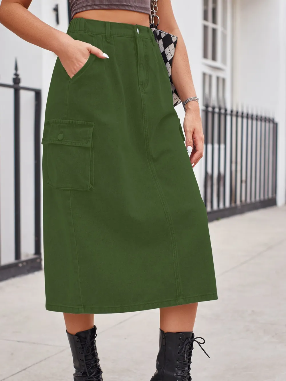 Slit Buttoned Denim Skirt with Pockets, image 14