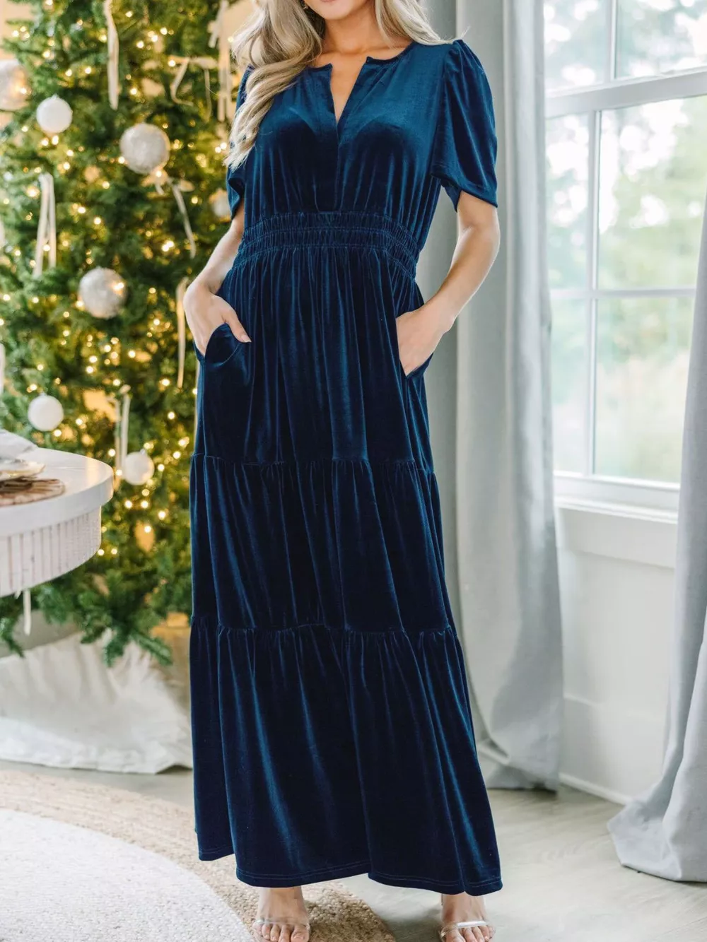 Velvet Tiered Short Sleeve Maxi Dress, image 10