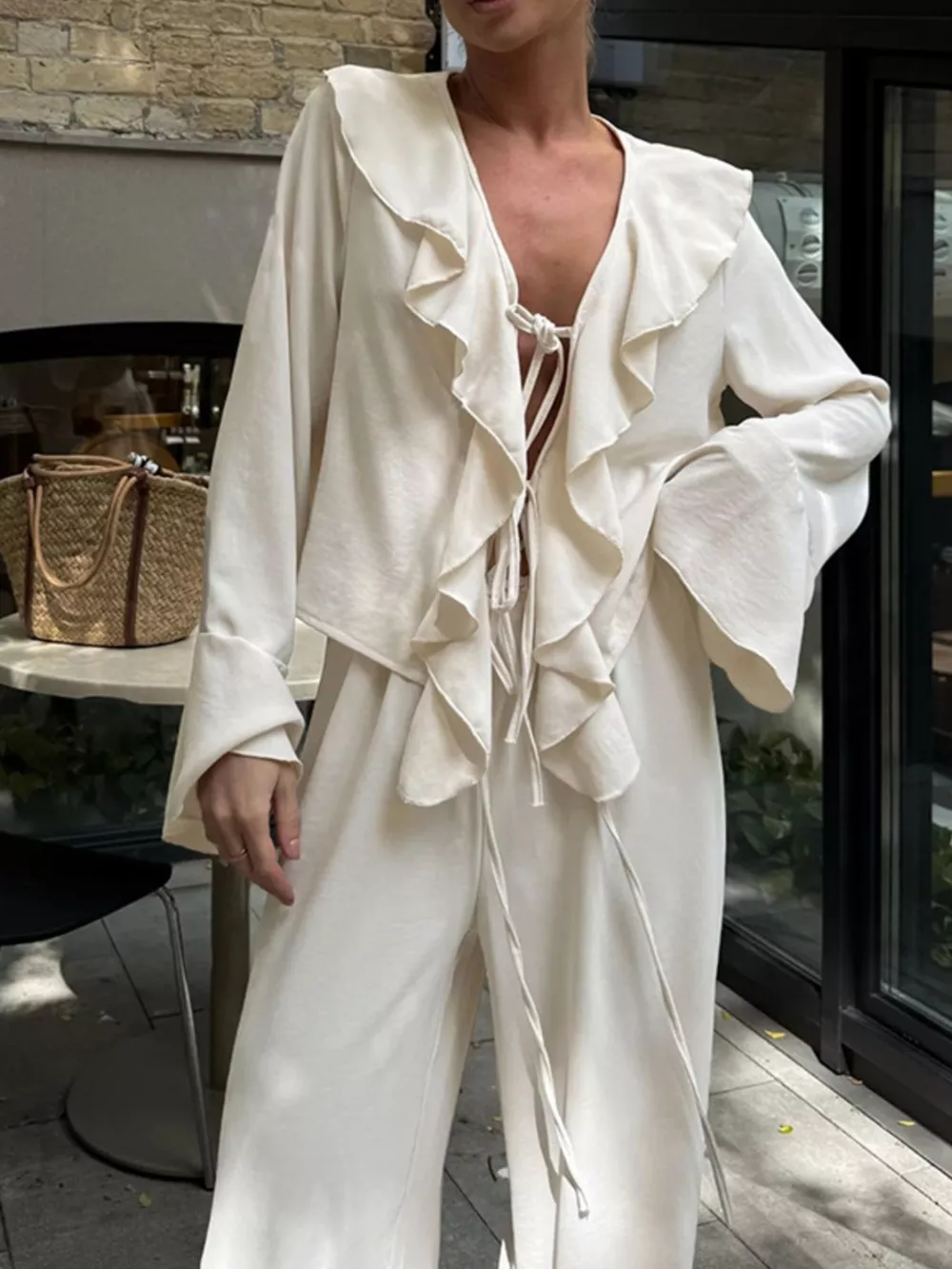 Ruffle Trim Tie Front Top and Pants Set, image 6