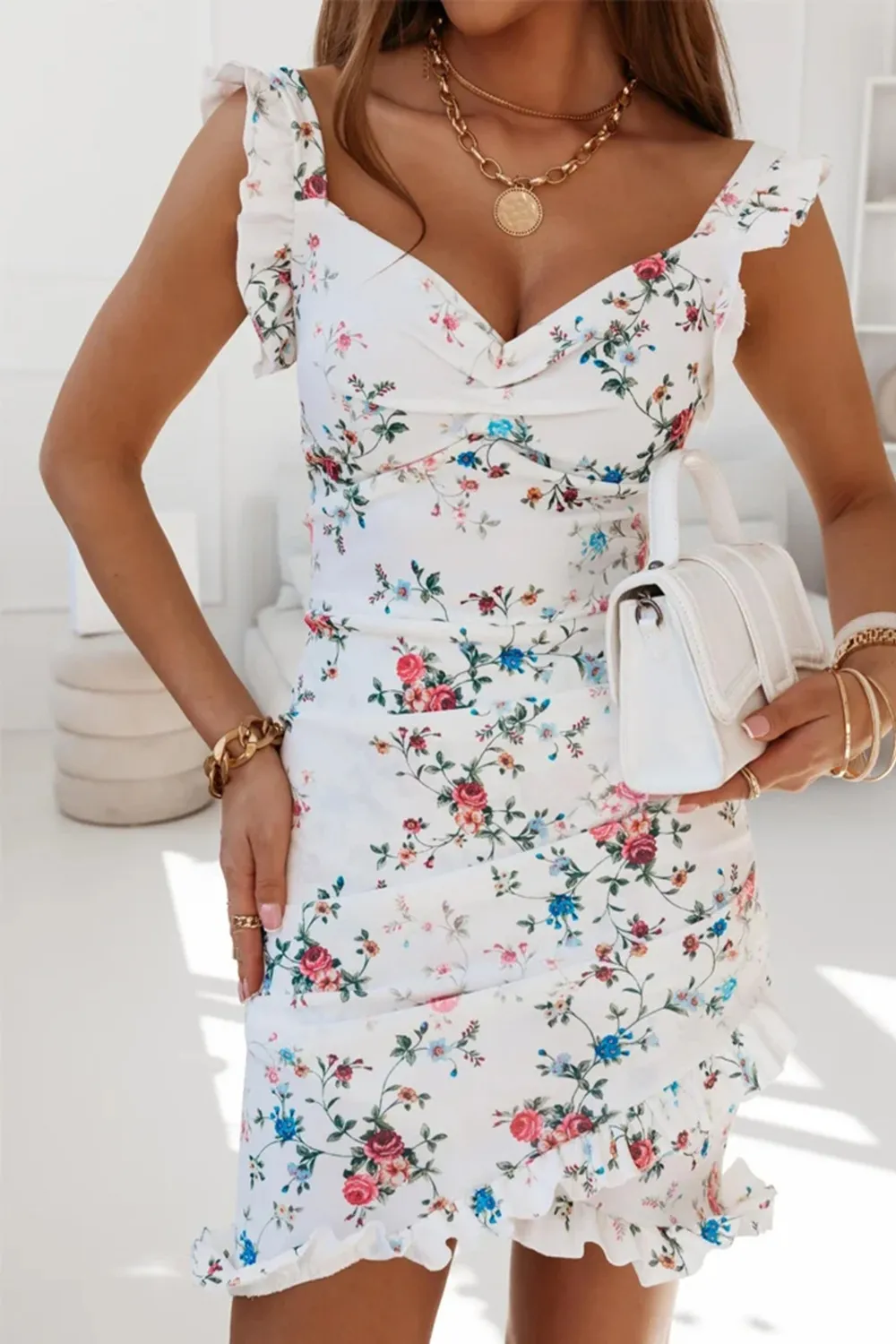 Printed Ruffled Sweetheart Neck Mini Dress, image 19