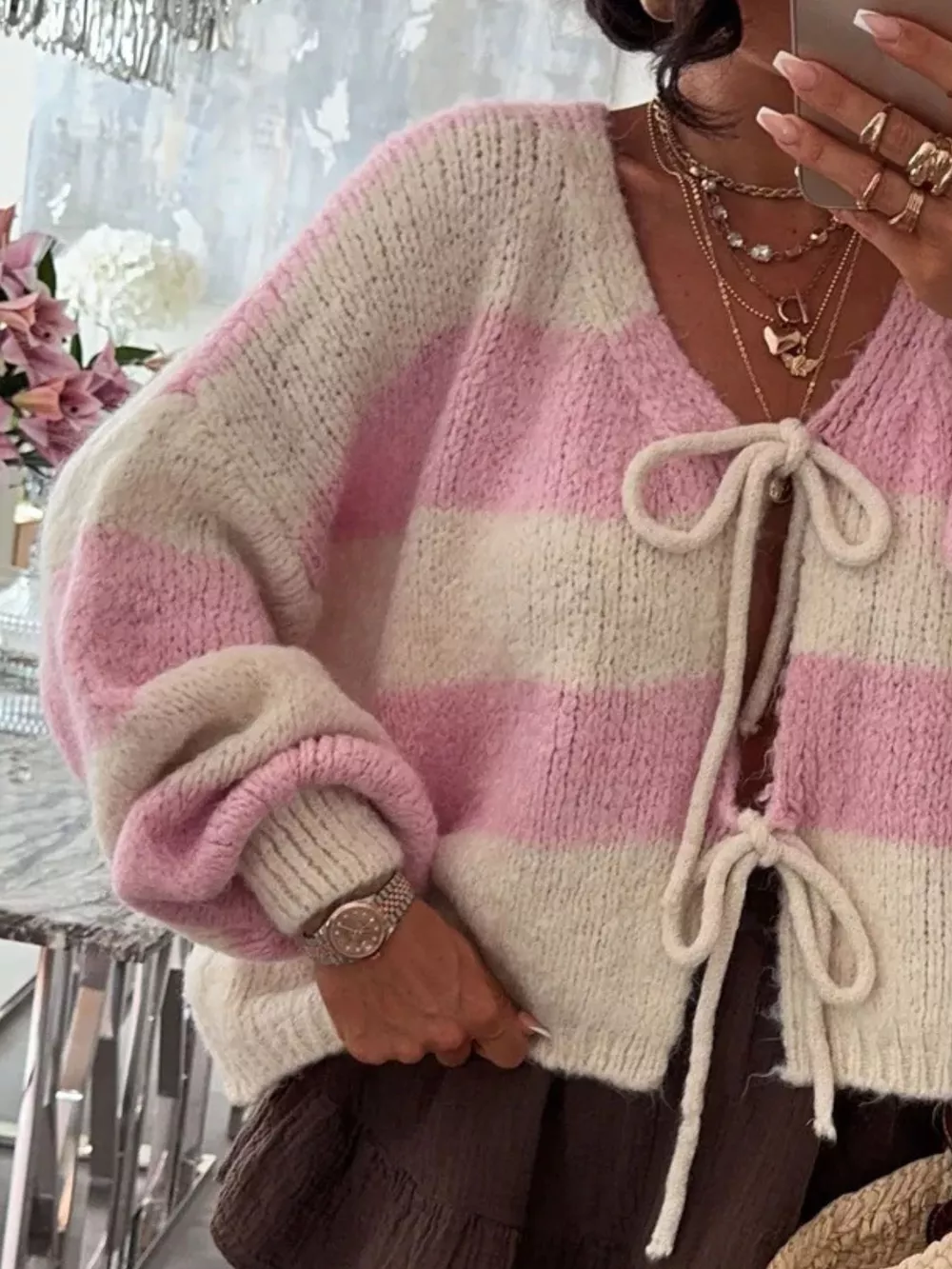 Striped Tie-Front Knit Cardigan, image 3