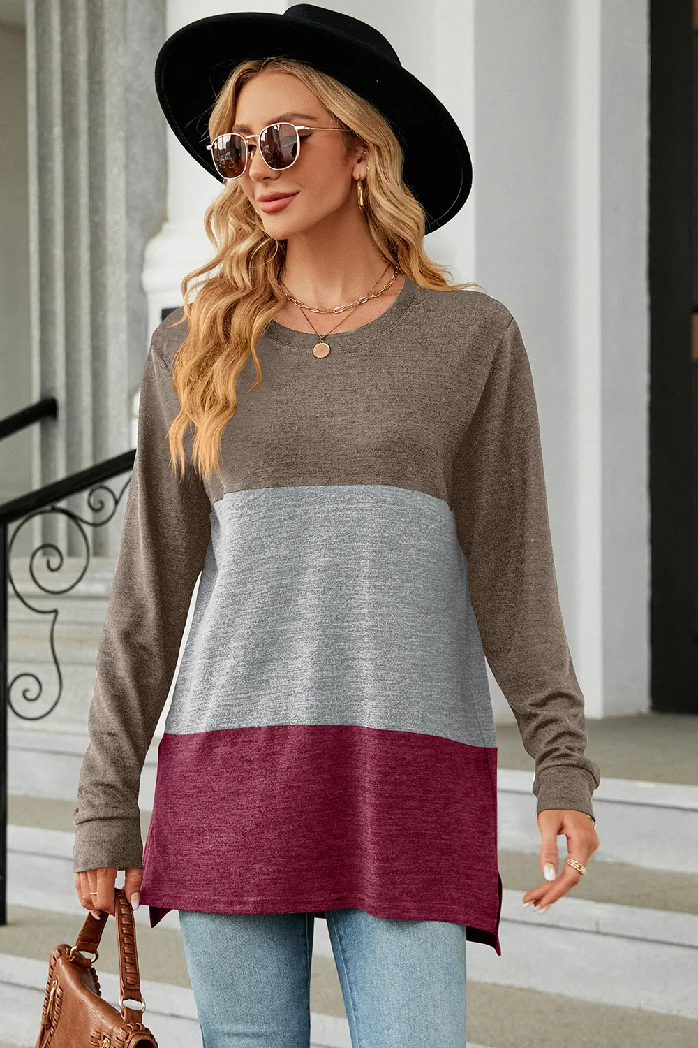 Color Block Round Neck Long Sleeve T-Shirt, image 16