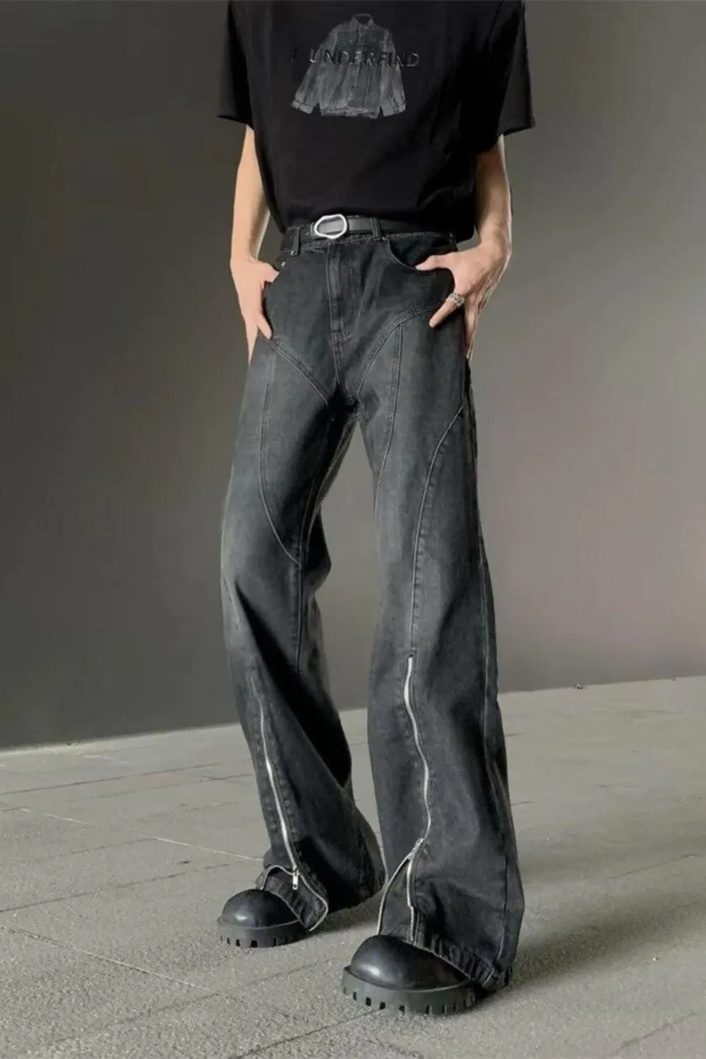 Men's Plus Size Washed Flare Jeans with Zipper Detail, image 5