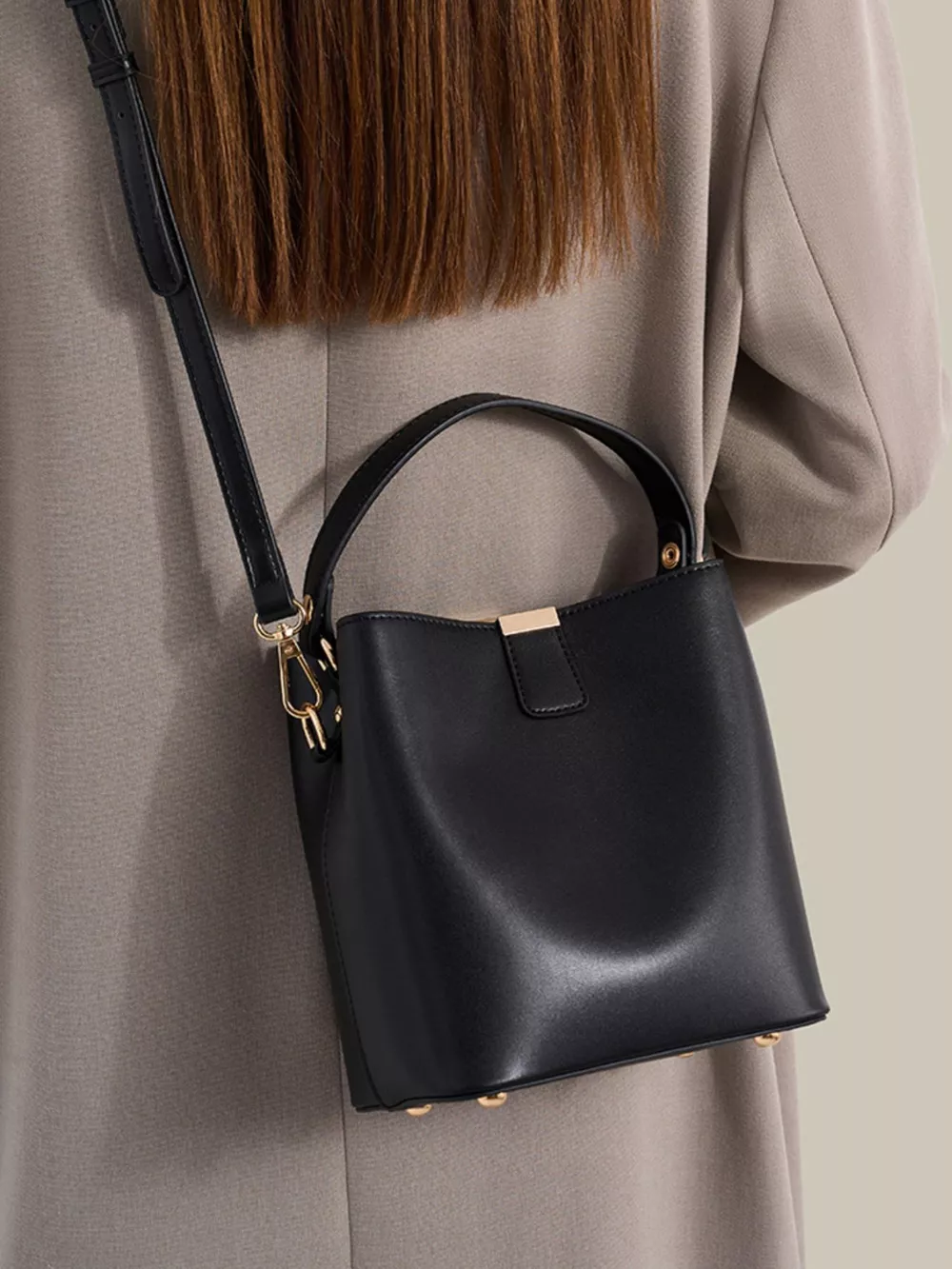 PU Leather Bucket Crossbody Bag with Gold-Tone Hardware, image 4
