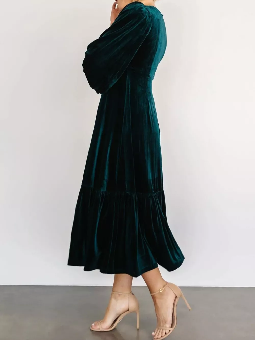 Velvet Tiered Long Sleeve Midi Dress, image 15