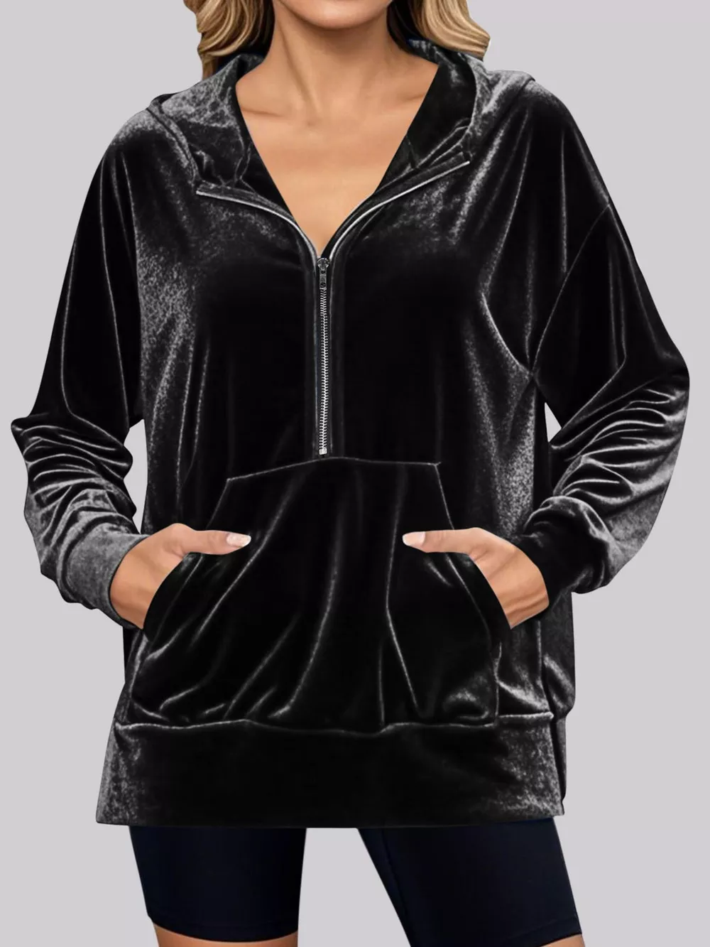 Full Size Velvet Half Zip Hoodie with Kangaroo Pocket Plus Size, image 12