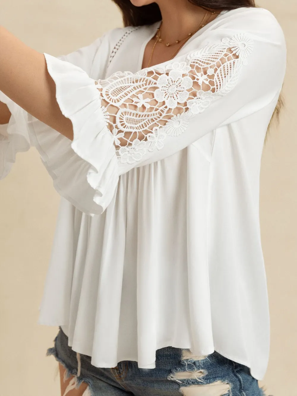 V-Neck Lace Flounce Sleeve Top, image 9