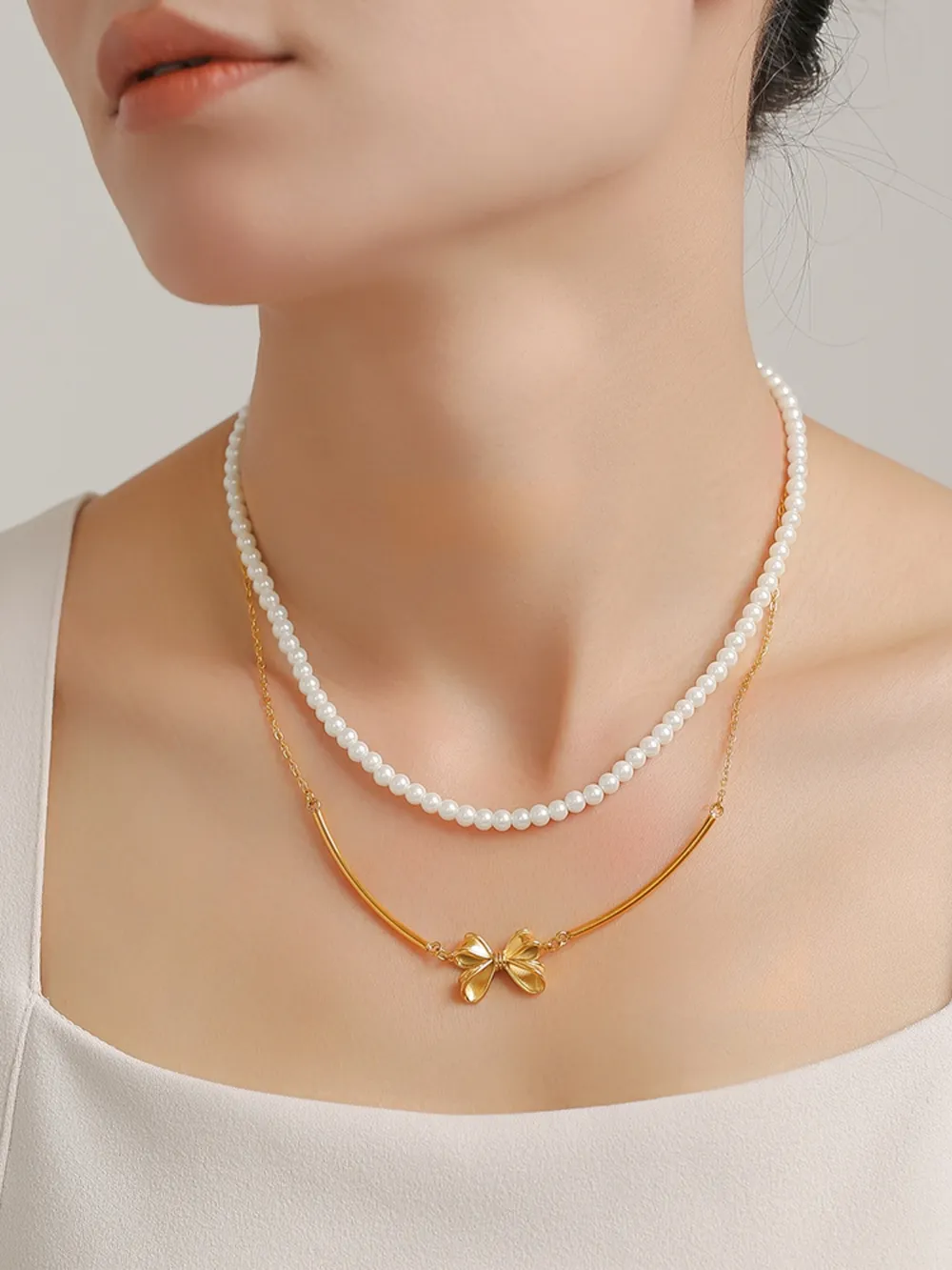 3 Piece Pearl Necklace, Bow Necklace and Stud Earrings Jewelry Set, image 2
