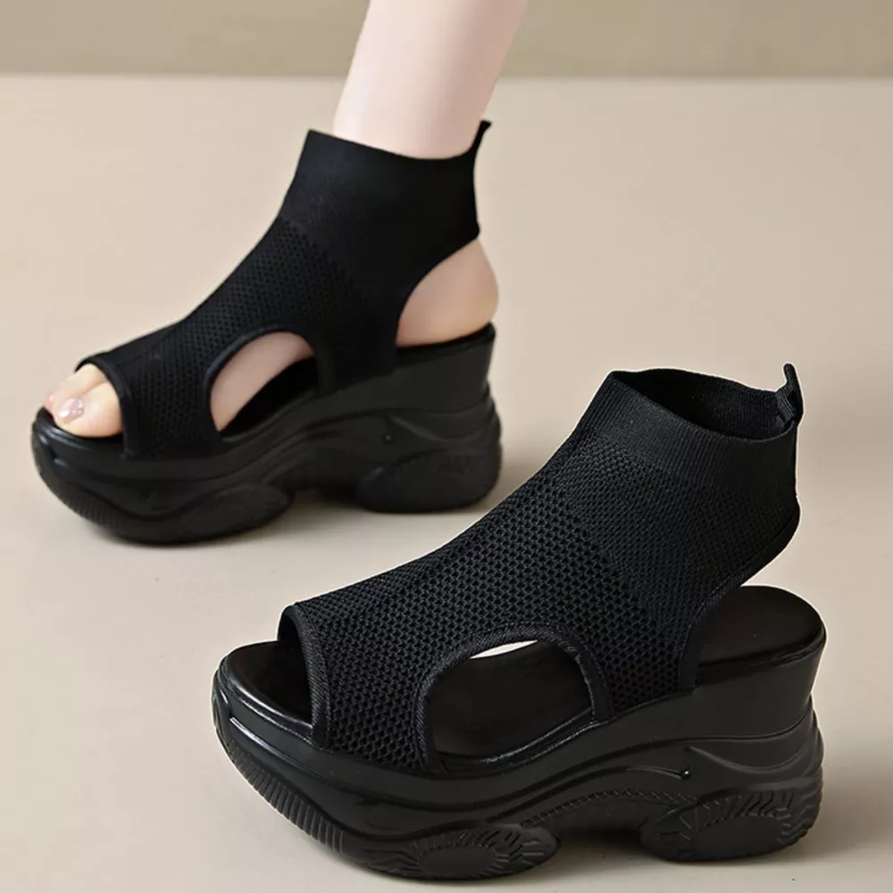 Cutout Mesh Wedge Sandals, image 8