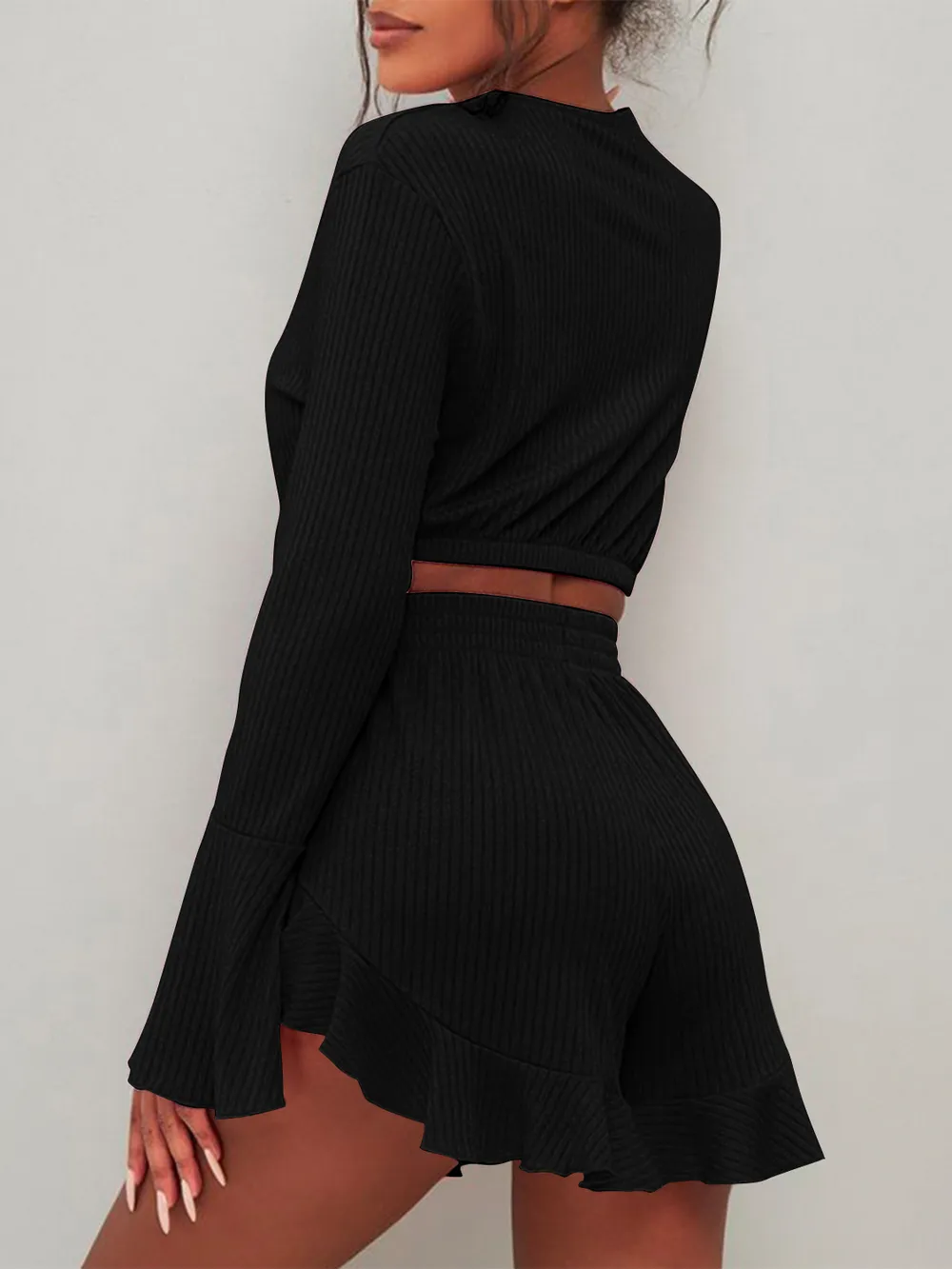 Round Neck Long Sleeve Top and Ruffled Shorts Set, image 9