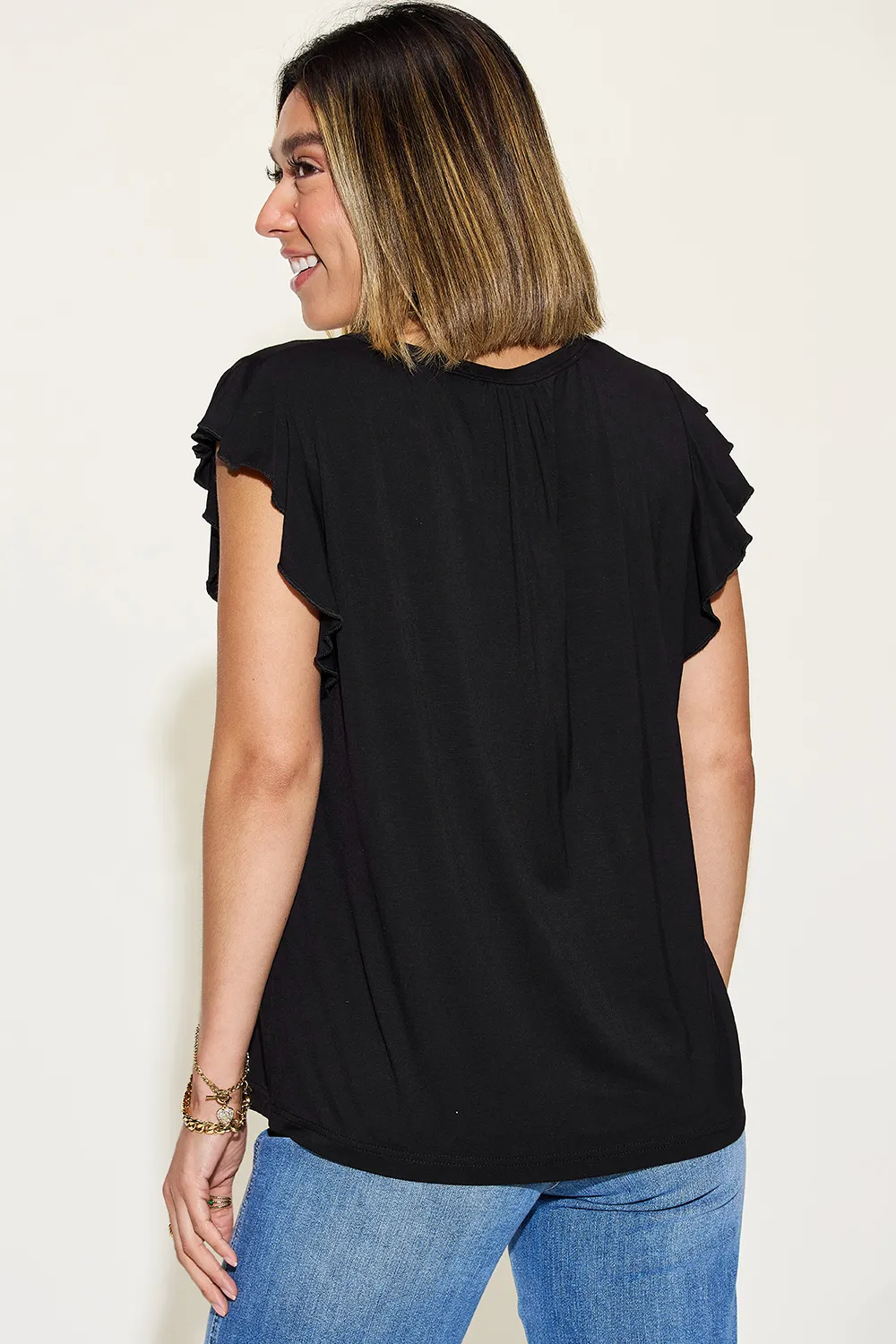 Full Size Bamboo Notched Ruffled Short Sleeve T-Shirt, image 19