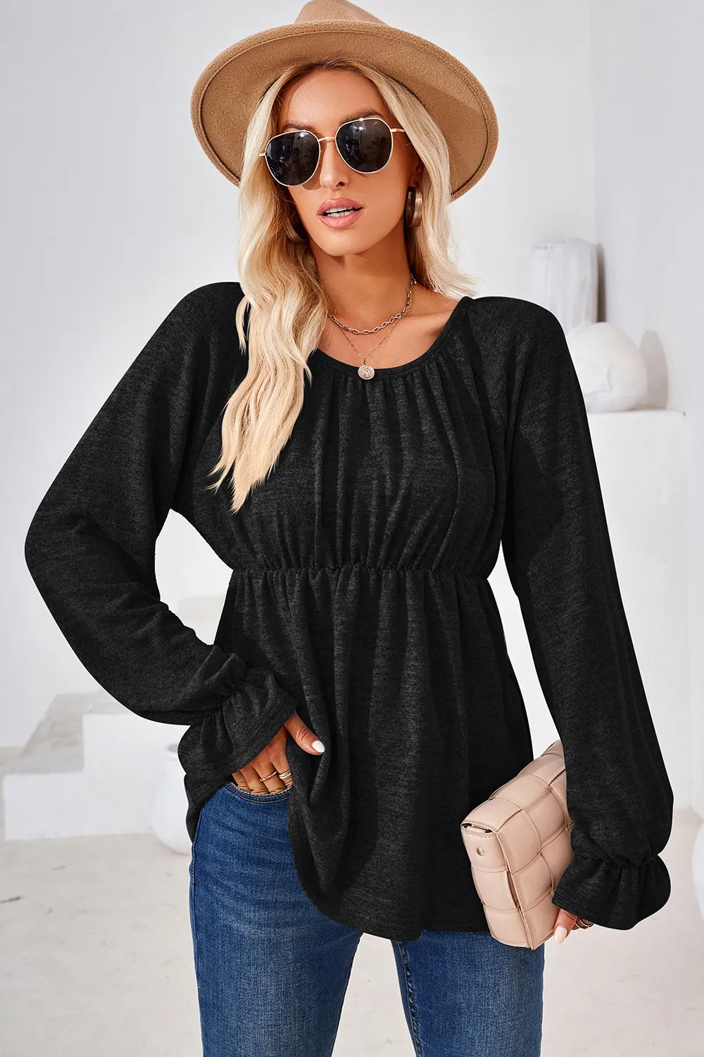 Ruched Round Neck Flounce Sleeve Blouse, image 4