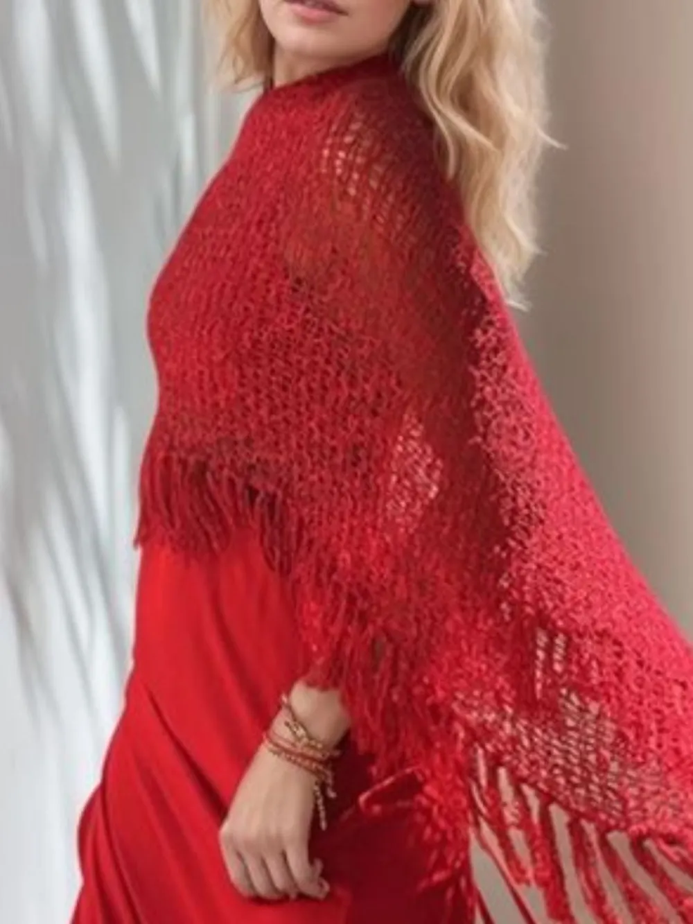 Tassel Boat Neck Knit Shawl, image 10
